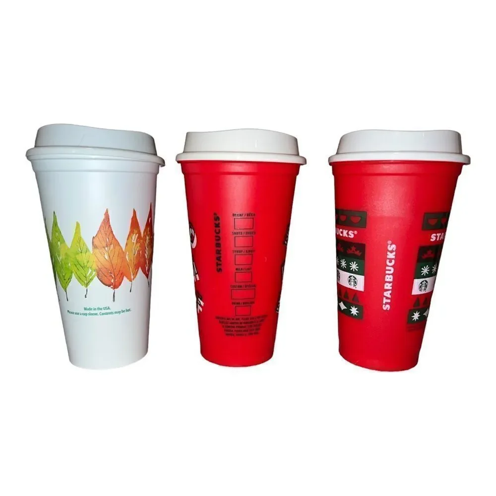 Starbucks Set of Three Plastic Reusable Cups 16 Oz with Lids Christmas Fall 2013